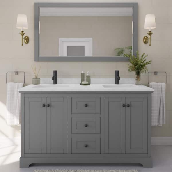 Wyndham Collection Avery 60 in. W x 22 in. D x 35 in. H Double Bath Vanity in Dark Gray with Carrara Cultured Marble Top