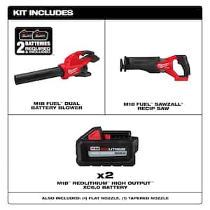 M18 FUEL Dual Battery 145 MPH 600 CFM 18V Brushless Cordless Blower w/SAWZALL Reciprocating Saw, (2) 6.0 Ah Batteries