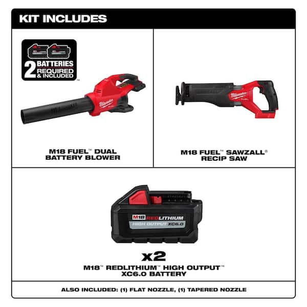 M18 FUEL Dual Battery 145 MPH 600 CFM 18V Brushless Cordless Blower w/SAWZALL Reciprocating Saw, (2) 6.0 Ah Batteries