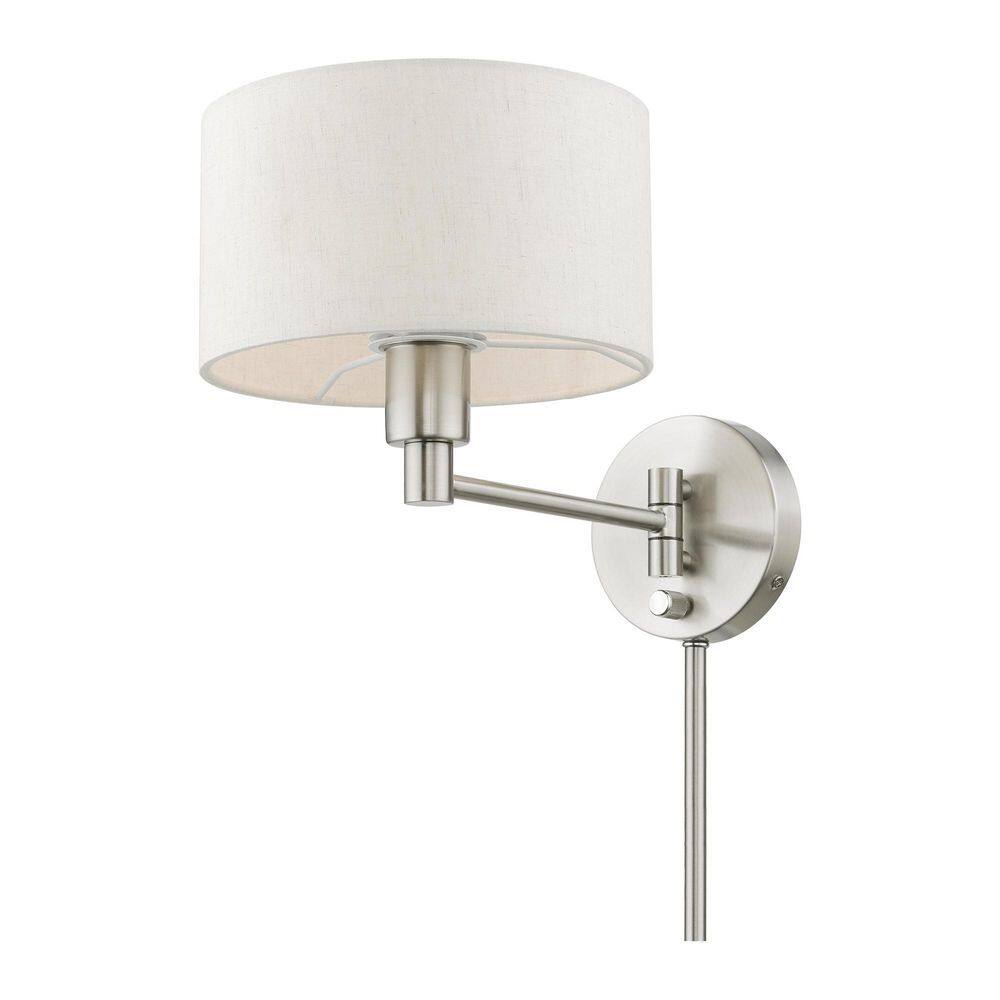 Transitional Brushed Nickel Swing Arm Wall Lamp with Oatmeal Fabric Shade