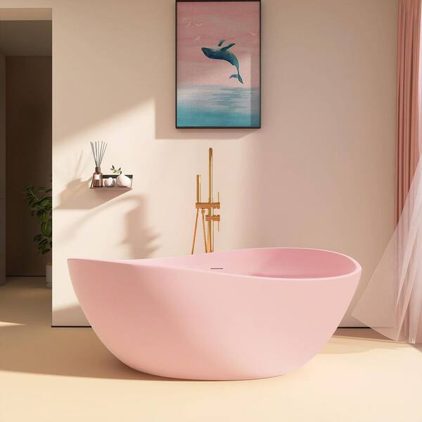 63 in. x 27.8 in. Freestanding Soaking Bathtub Acrylic Egg-Shaped Tub in Matte Pink w/ Overflow and Center Chrome Drain