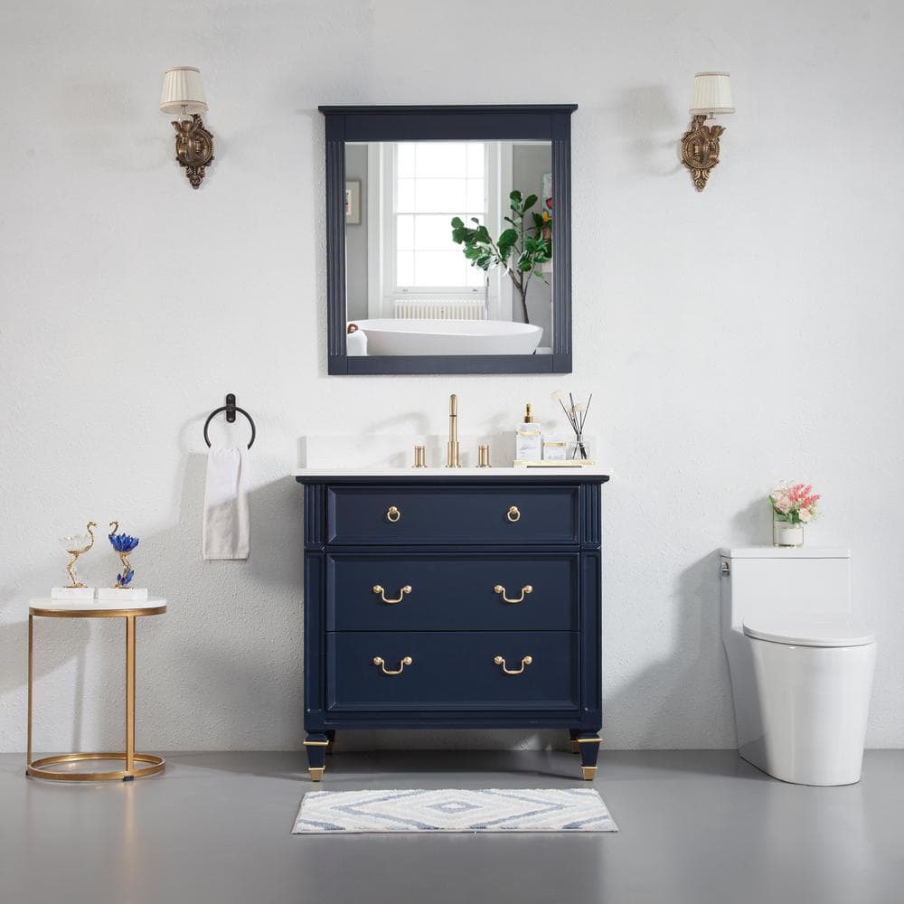 ANGELES HOME 36 in. W x 22 in. D x 35 in. H Single Sink Solid Wood Bath  Vanity in Navy with Stain-Resistant Quartz Top and Mirror 36-MR32NB-8CK -  The 