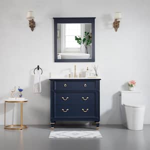 36 in. W x 22 in. D x 35 in. H Single Sink Solid Wood Bath Vanity in Navy with Stain-Resistant Quartz Top and Mirror