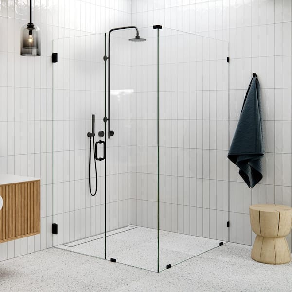46 in. W x 45.5 in. D x 78 in. H Pivot Frameless Corner Shower Enclosure in Matte Black Finish with Clear Glass
