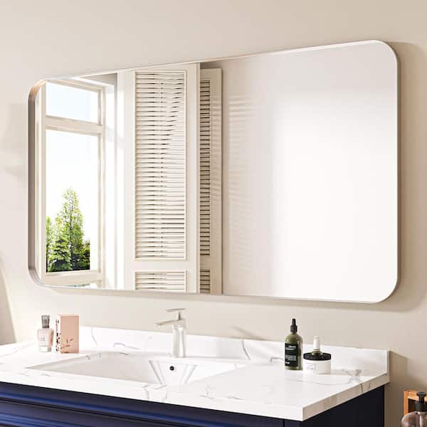 55 in. W x 30 in. H Rectangular Aluminum Framed Wall Bathroom Vanity Mirror in Sliver