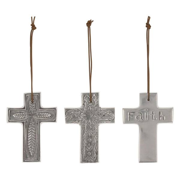 Stonebriar Collection 4 in. x 4 in. Aluminum Hanging Crosses with Leather String (Set of 3)