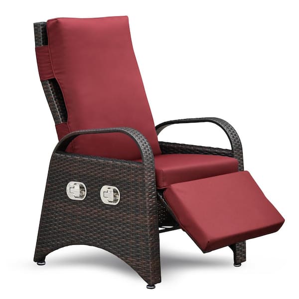 Unbranded 1-Piece Brown Wicker and Metal Outdoor Adjustable Recliner Chair with Red Removable Soft Cushion
