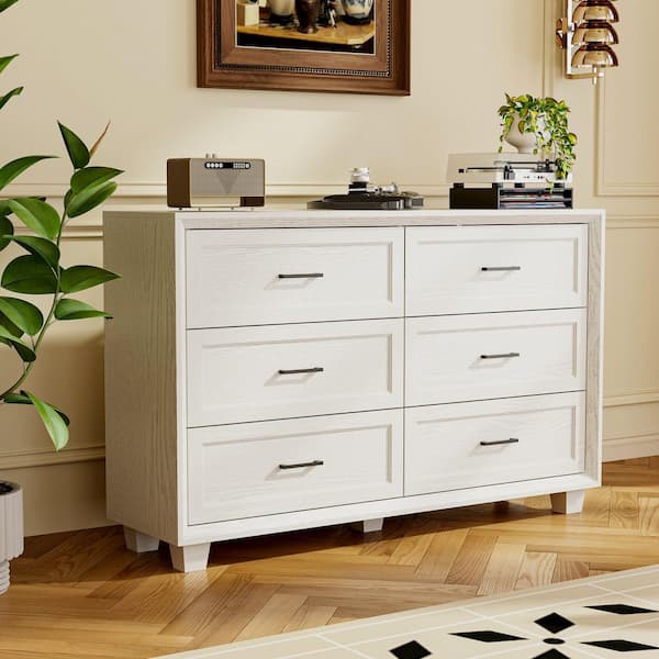 Modern White 55 in. Wide 6-Drawer Chest of Drawers with Metal Handles and Anti-Tip Hardware