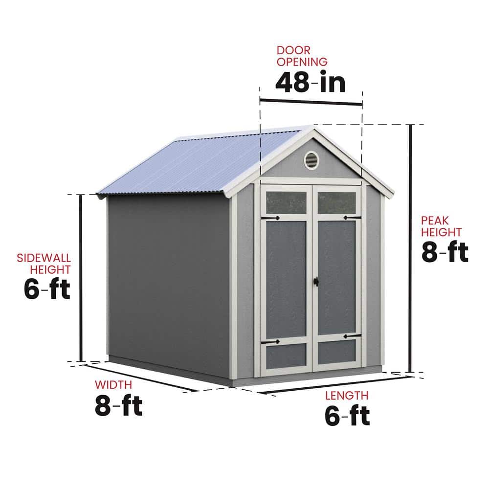Gray 6' x 8' Wooden Garden Shed with Metal Roof and Shelving