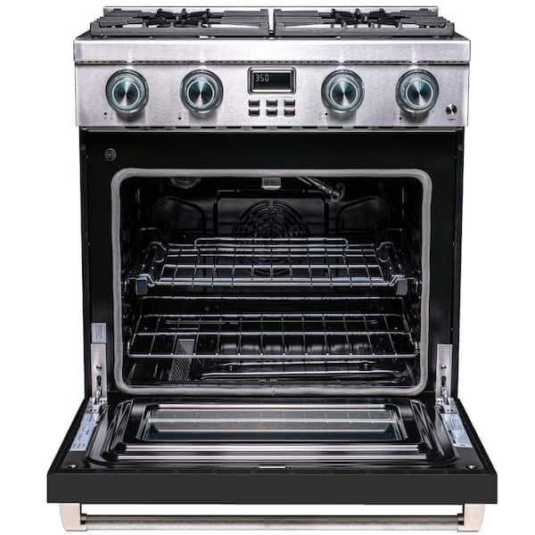 Pro-Style 30 in. 4-Burner Slide-in Gas Range with Convection in Stainless Steel with Black Oven Door