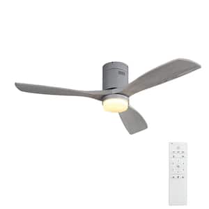52 in. Indoor Low Profile Light Remote Control Ceiling Fan in Silver with 3 Carved Wood Blade Noiseless Reversible Motor