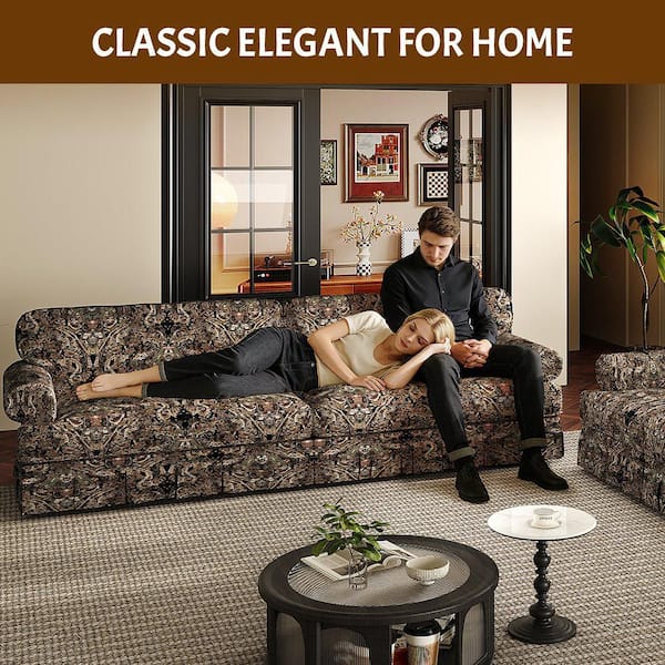 Polibi 93.7 in. Square Arm Chenille Rectangle Sofa in Black Floral