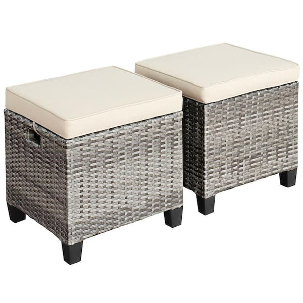 Gymax Wicker Outdoor Rattan Patio Ottoman Footrest Wicker Footstool with Beige Cushions (2-Pack)