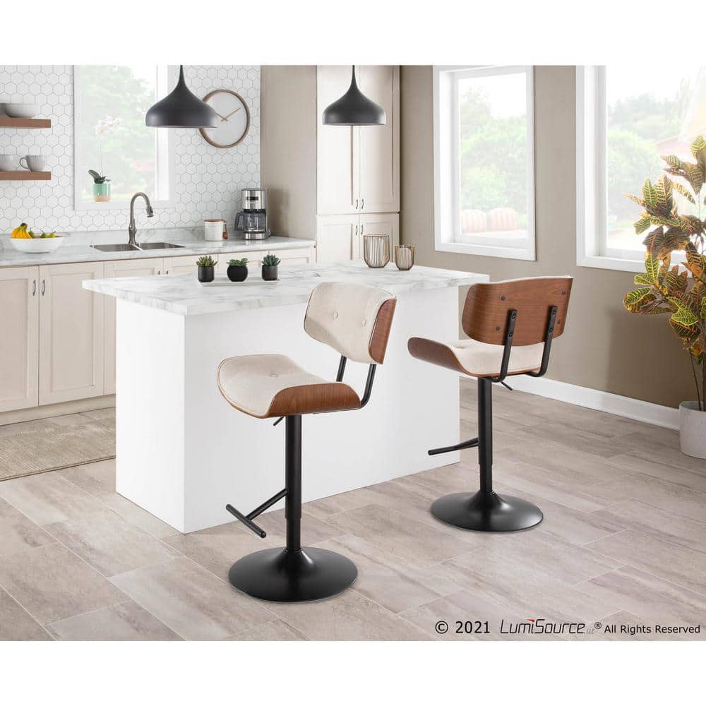 Mid-Century Modern Swivel Barstool in Black Metal and Cream with Walnut Accents