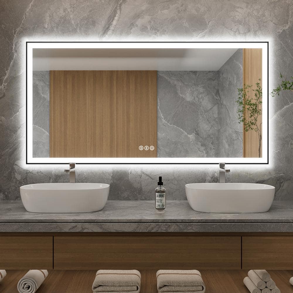 Modern 72in W x 36in H Rectangular 3 Color Dimmable LED Anti-Fog Memory Wall Mount Bathroom Vanity Mirror in Matte Black price history on PriceWatchPro