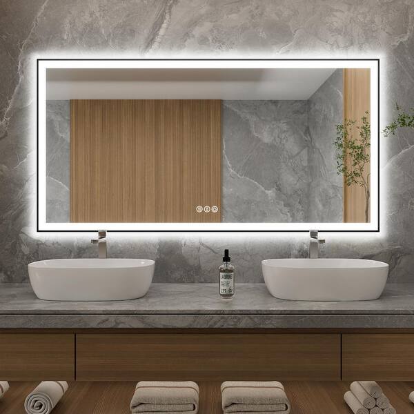 MYCASS Modern 72in W x 36in H Rectangular 3 Color Dimmable LED Anti-Fog Memory Wall Mount Bathroom Vanity Mirror in Matte Black