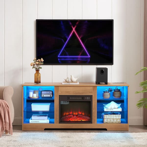 Oak TV Stand Entertainment Center Fits TVs Up to 65 in. with LED Lights Electric Fireplace and USB Charging