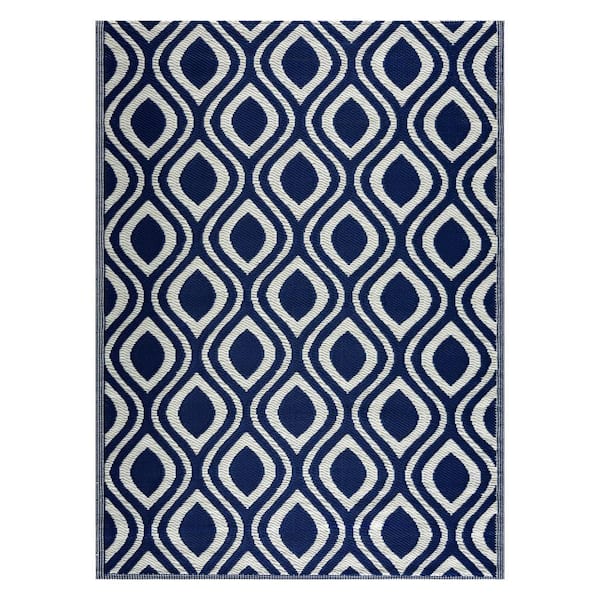 Venice Navy Creme 8 ft. x 10 ft. Reversible Recycled Plastic Indoor/Outdoor Area Rug-Floor Mat