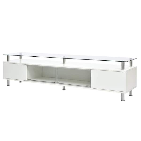 Nestfair Modern White Tempered Glass TV Stand Fits TVs up to 70 in. with Drawers and Cabinet