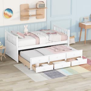 White Twin Captain's Bed with Trundle Bed, Wood Storage Daybed with 3 Storage Drawers for Kids Teens and Adults