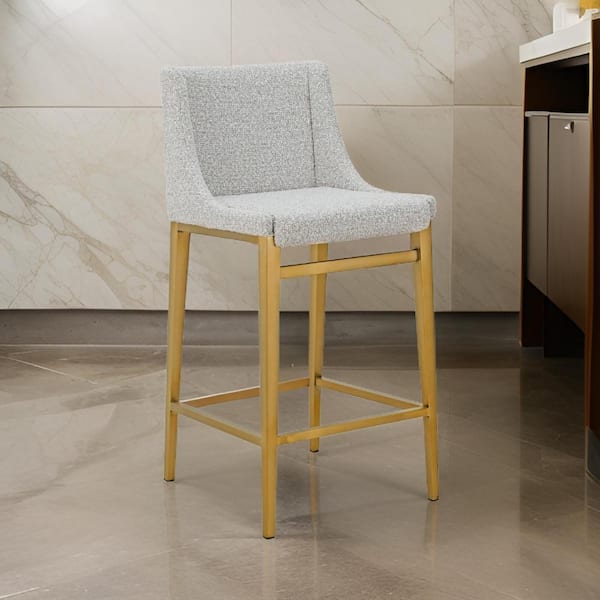 Benjara 26.5 in. Gray and Brass Low Back Metal Frame Bar Stool with Polyster Seat (Set of 2)
