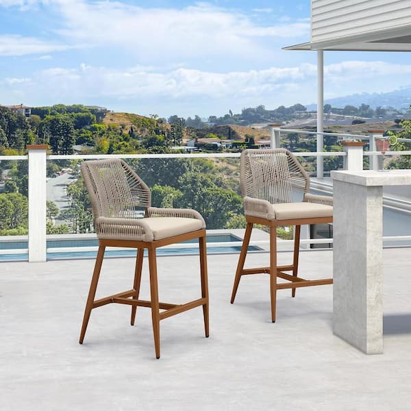 PURPLE LEAF Modern Aluminum Twill Wicker Woven Bar Height Outdoor Bar Stool with Back and Sunbrella Khaki Cushion (2-Pack)