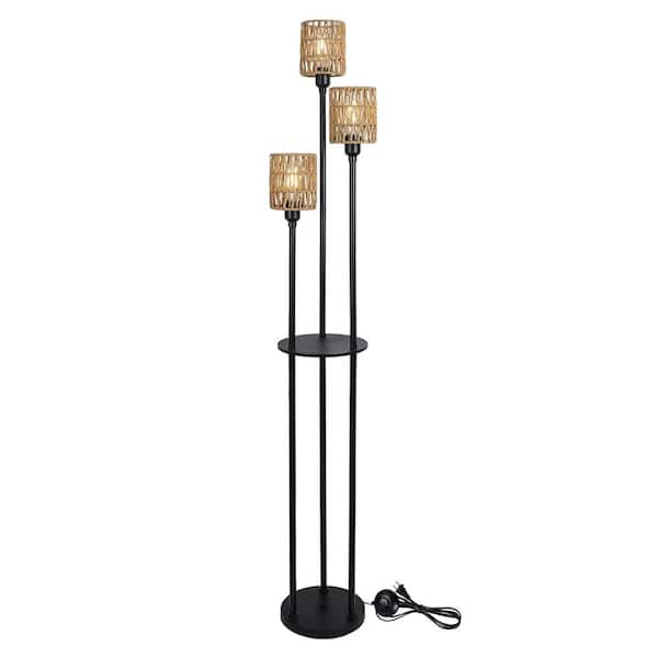 Amucolo 66.1 in. Black Brown 3-Lights Tree Floor Lamp with Shelves and Rattan Shade