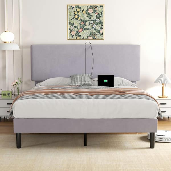 VECELO Upholstered Bed Gray Metal Frame Queen Platform Bed with Type-C and USB Ports, Height-Adjustable Linen Headboard