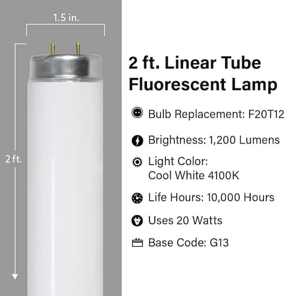 20-Watt 2 ft. T12 G13 Linear Fluorescent Tube Light Bulb, Cool White 4100K (2-Pack)