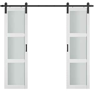 18 in. x 84 in. 3-Lite Frosted Glass Prefinished White MDF Double Sliding Barn Doors with Hardware Kit