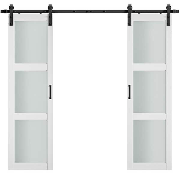 SOCBAZZAR 18 in. x 84 in. 3-Lite Frosted Glass Prefinished White MDF Double Sliding Barn Doors with Hardware Kit