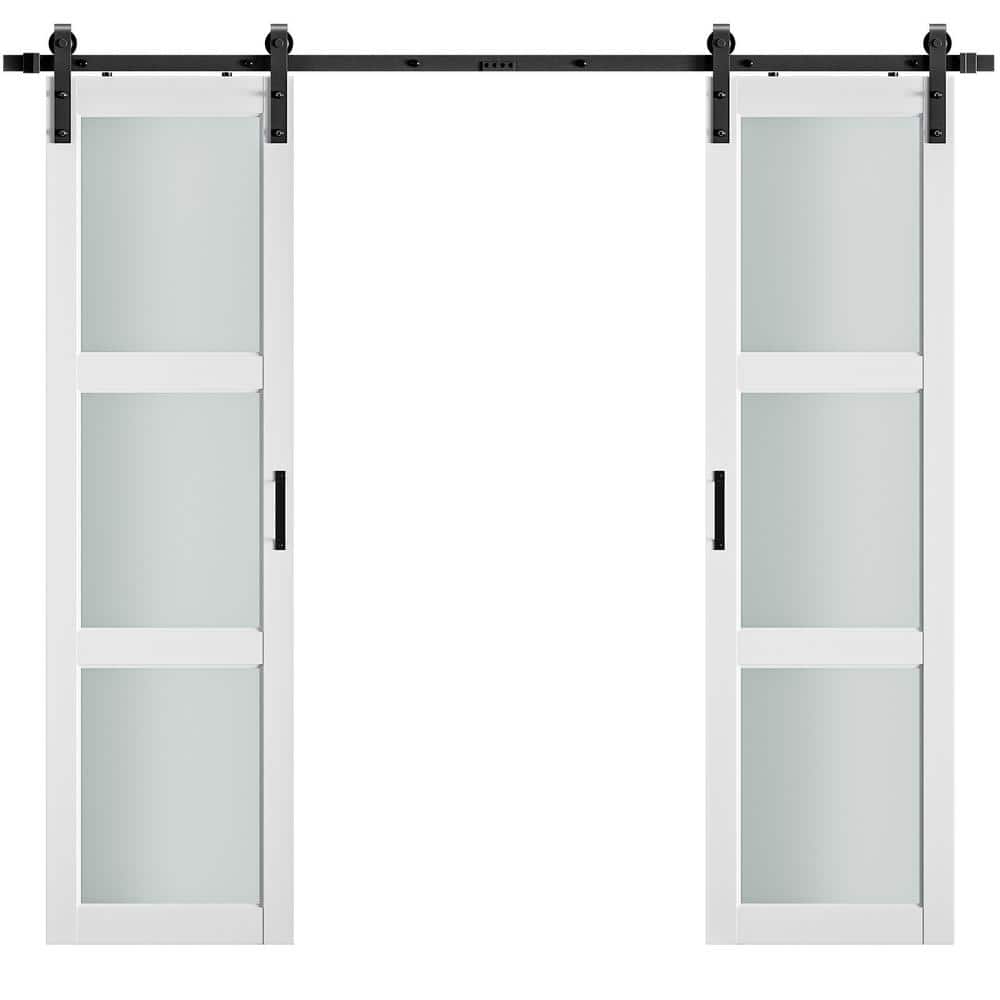 21 in. x 84 in. 3-Lite Frosted Glass Prefinished White MDF Double Sliding B