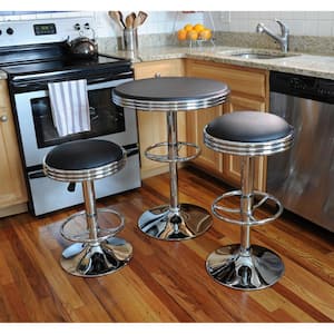 Vintage Style Soda Shop 37 in. Adjustable Height Chrome Bar Table Set in Black with Chrome Vinyl Stools (3-Piece)