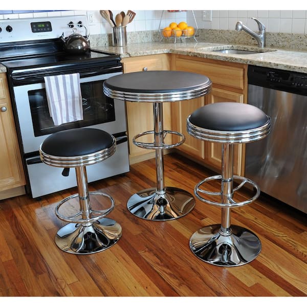 AmeriHome Vintage Style Soda Shop 37 in. Adjustable Height Chrome Bar Table Set in Black with Chrome Vinyl Stools (3-Piece)