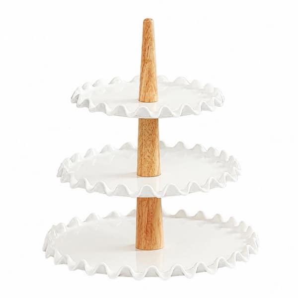 Multi-Colored Platters 3-Tier White Porcelain Cupcake Stand 12 x 12 x 4 in. Wedding Wavy Edge Dessert Cookie Buffet