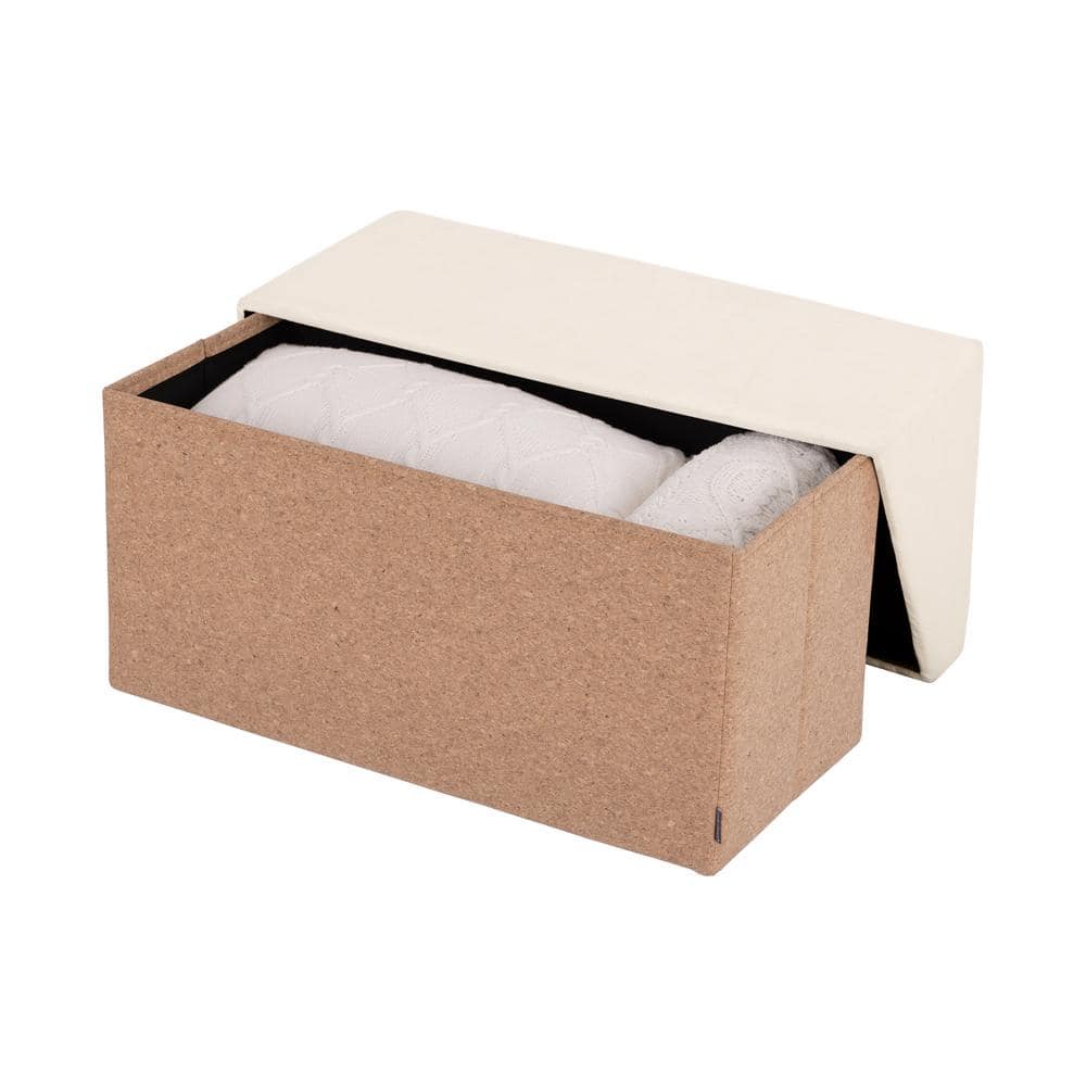Cream and Cork Fabric Storage Trunk Ottoman with Cushion Top