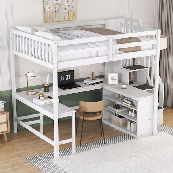 Harper & Bright Designs White Wood Full Size Loft Bed with L-Shaped Desk, Shelves And Storage Staircase