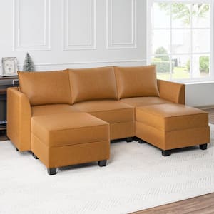 87.01 in. 1-Piece Modular Faux Leather U-Shaped Sectional Sofa with Double Ottomans Living Room set in Caramel