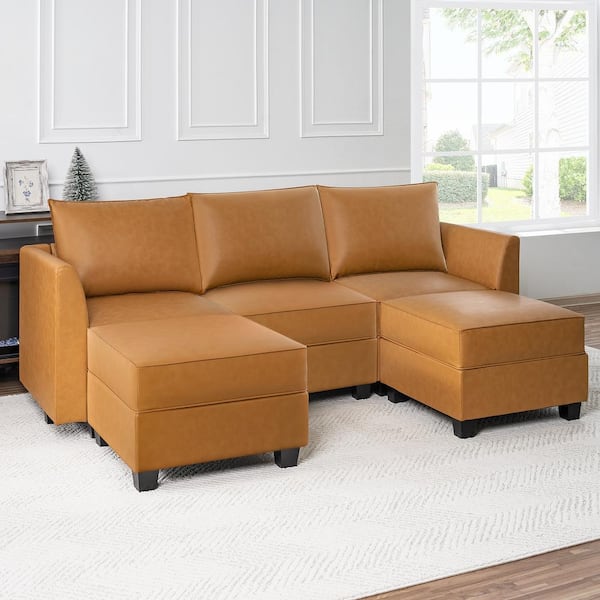 MAYKOOSH 87.01 in. 1-Piece Modular Faux Leather U-Shaped Sectional Sofa with Double Ottomans Living Room set in Caramel