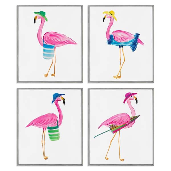 Stupell Industries Fun Beach Flamingos by Julie DeRice 4 Pieces Gray Framed Coastal Giclee Art Print 20 in. x 16 in.