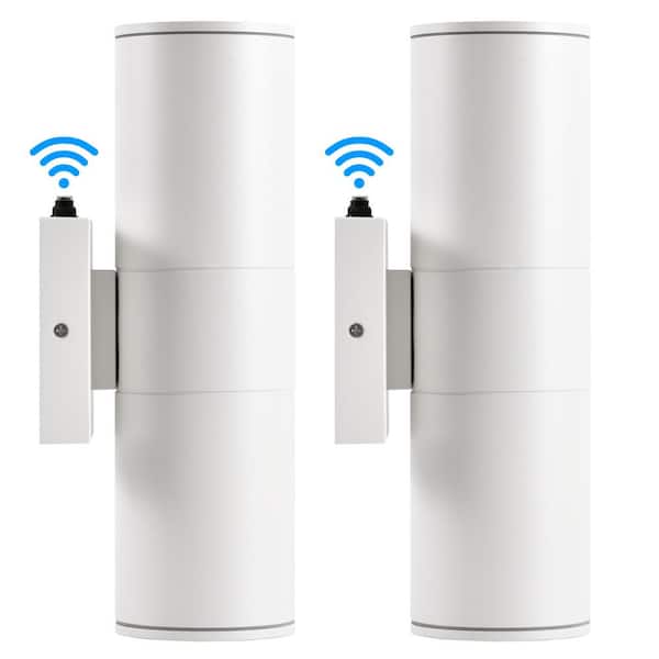 HKMGT 12 in. 2-Light White Cylinder Dusk to Dawn Outdoor Hardwired Wall Lantern Sconce with Integrated LED Lights (2-Pack)