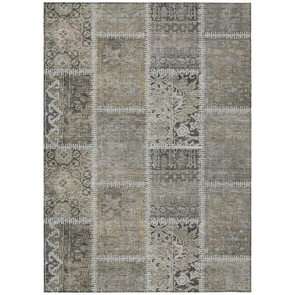 Taupe, Beige, Tan 3 ft. x 5 ft. Woven Plaid Polyester Rectangle Indoor/Outdoor Area Rug
