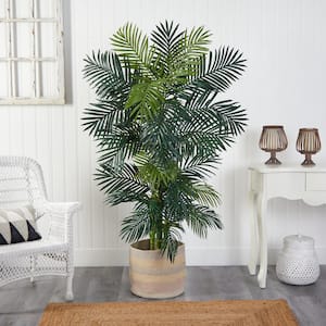 6.5 ft. Green Golden Cane Artificial Palm Tree in Handmade Natural Cotton Multicolored Woven Planter