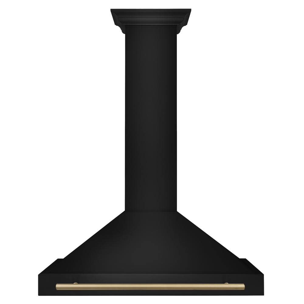 36'' Black Stainless Steel Wall Mount Range Hood with Champagne Bronze Handle