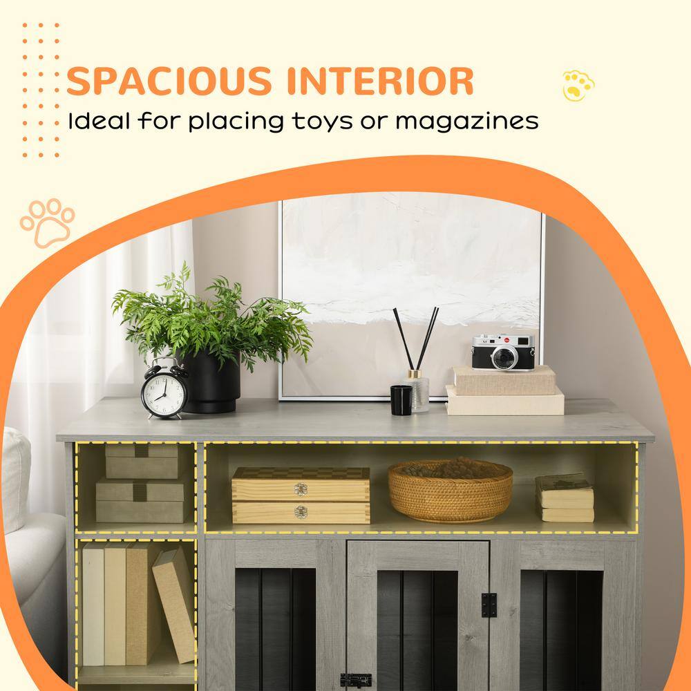 Gray Medium Wooden Dog Crate with Storage Shelves