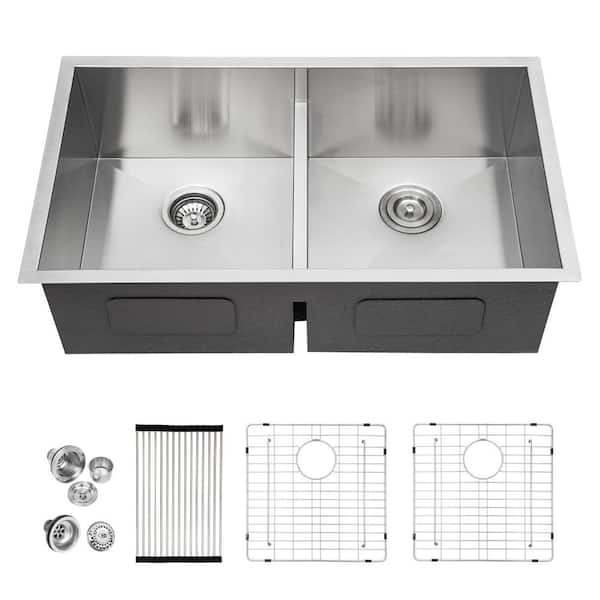 36 Undermount Kitchen Sink Double Bowl - Fulorni 36x19 Inch Kitchen Sink Ledge Workstation Low Divide Double Bowl 50/50 Split 16 Gauge 304 Stainless Steel Under Counter Basin