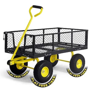 4 cu. ft. Metal Black Garden Cart, W/180° Adjustable Yellow Handle, W/Mat and Strap, Heavy-Duty 880 lbs. Capacity