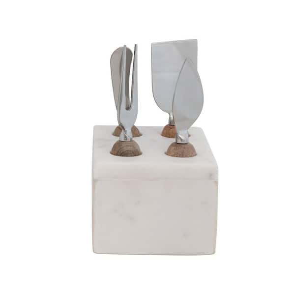 Storied Home 5-Piece Stainless Steel Cheese Servers Set with Wood Handles and Marble Stand