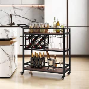 Brown Kitchen Serving Cart with 3-tier Home Wine Rack & Glass Holder and Wheels