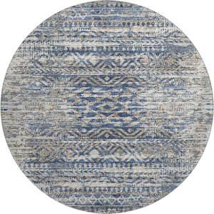 Mayfield Premium Machine Washable Abstract AMF1997 Blue 8 ft. x 8 ft. Round Rug